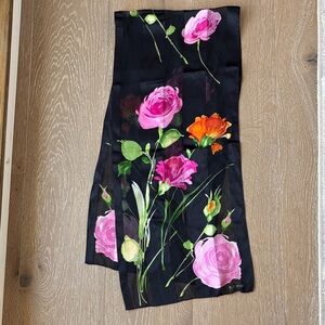 Echo Black Silk Scarf with Pink Rose Motif 52”